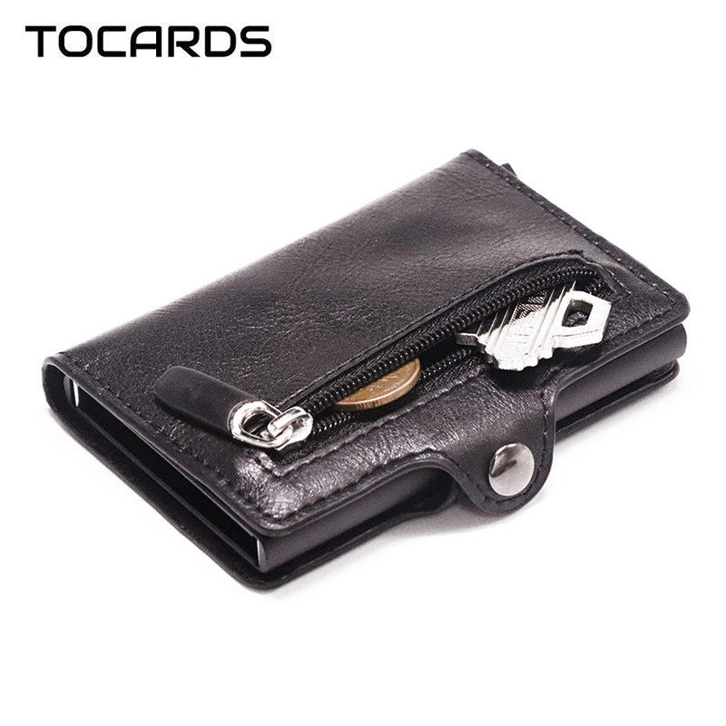 

Men's Aluminum Credit Card Holder RFID Blocking Metal Hasp Cardholder Male Slim Smart Wallet Leather Case Coin Pocket Purse for Men, Deep brown