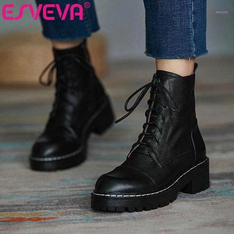 

ESVEVA 2021 Elegant Lace Up Square Med Heel PU+Leather Ankle Boots Women Boots Shoes Platform Round Toe Size 34-391, Black-short plush
