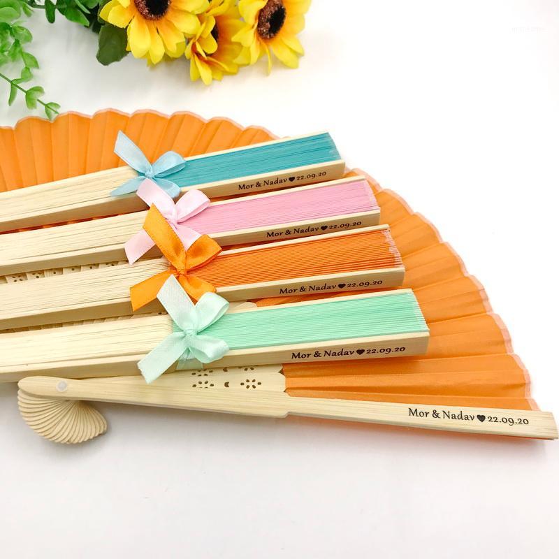 

50PCS Personalized Wedding Silk Fabric Fan Tied With Ribbon Custom Printing Name and Date Hand Foldable Fan DROP SHIPPING1