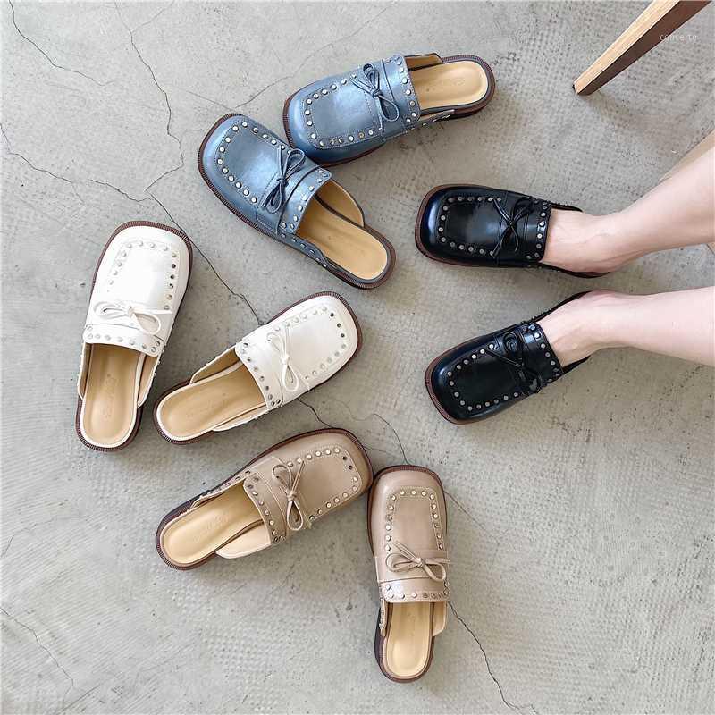 

Chunky Heels Slipper for Women Rivet Mule Casual Square Toe Slide Bow Knot Slip on Sandal Outdoor Flip Flops Zapatos De Mujer1, Black