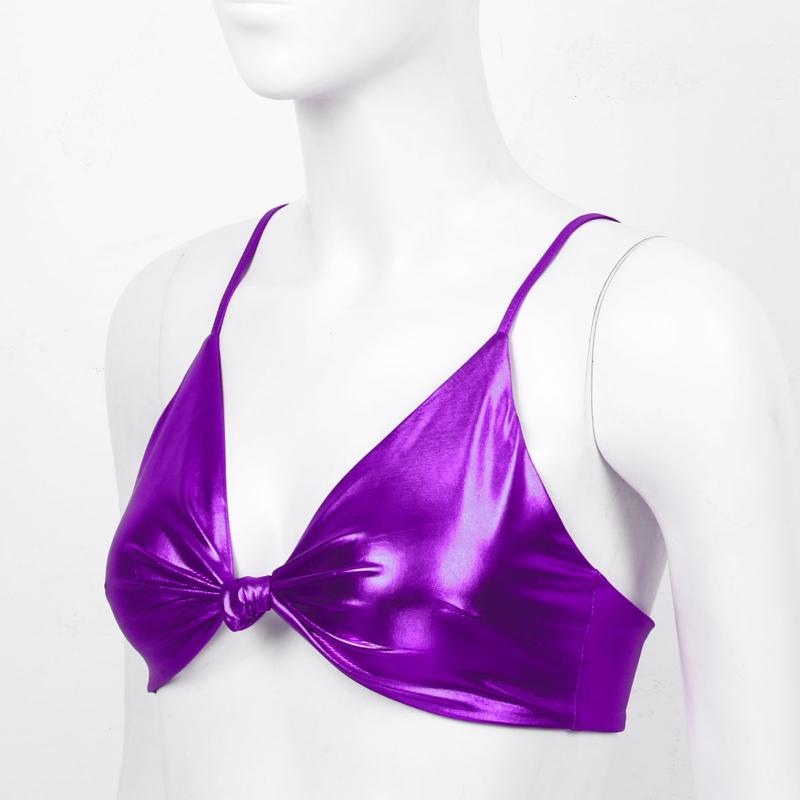 

Womens Shiny Metallic Bra Tops Clubwear Adjustable Spaghetti Straps Deep V Neck Bikini Bra Top Outfits Music Festivals Dancewear, Black