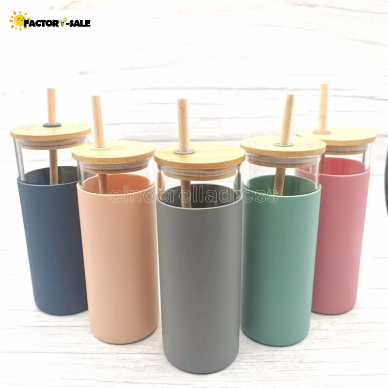 

16oz Glass Mug Juice Cup Milk Mugs with Silicone Sleeve Bamboo and Straw Enviroment-friendly Novelty Tumbler Wine Bottle Office Car Panda Drinkware F0125, 16oz 480ml