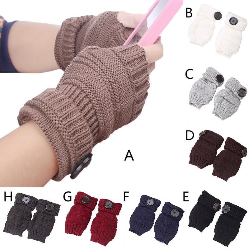 

Women's Winter Warm Gloves Crochet Thumbhole Half Finger Button Knitting Mittens Arm Hand Warmer Knitted Long Fingerless Gloves