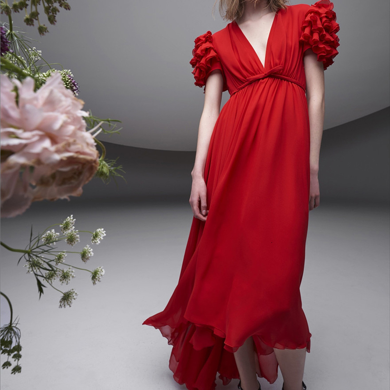 

2021 Summer New Sexy Cleavage Style v Bowknot Party Plissado Short Tempers Mid Length Dress High Quality D4jx, Red