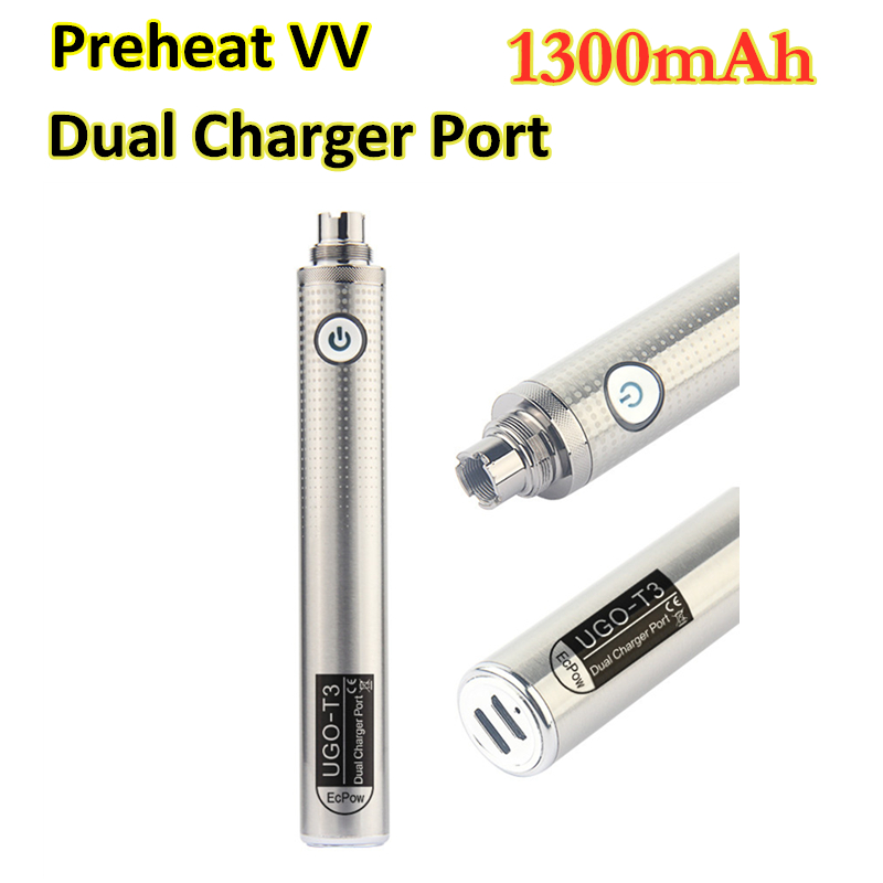 

UGO T3 Vape Battery Dual USB Charger Port 1300mAh 510 Thread Preheat Vaporizer E Cigarettes Pen VV Batteries for Atomizers Cartridges