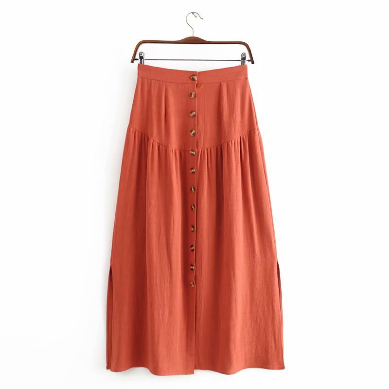 

2021 New Spring and summer solid color high waist casual fashion thin wrinkles temperament single-breasted mid-length skirt VYGV, Orange