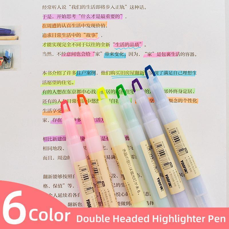 

yoofun 6pcs/set Cute Candy Color Highlighter Pen Stationery Double Headed Fluorescent Mark points Office Meeting School Supplies1