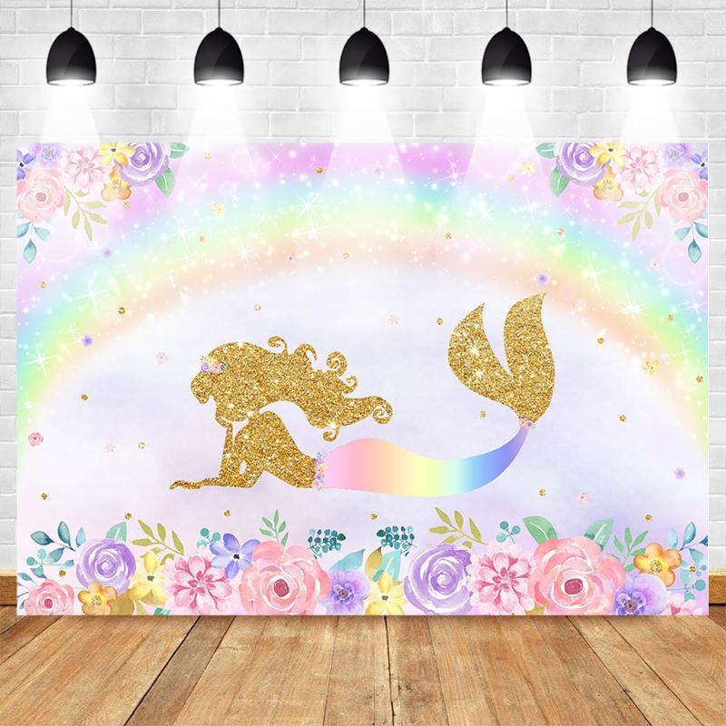 

Mermaid Photography Backdrops Photocall Rainbow Birthday Party Photo Background Flower Newborn Baby Shiny Backdrop1