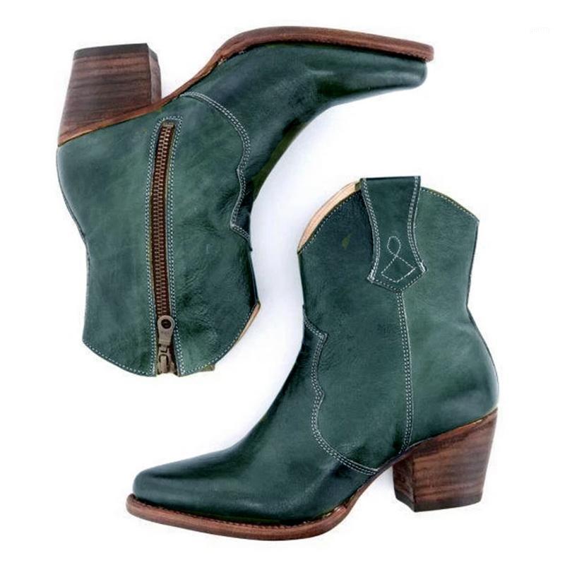 

2019 Vintage Women Boots Low Heels Buckle Cowboy Ankle Boots Fashion Casual Platform Shoes =Women Plus Size 35-431, Green