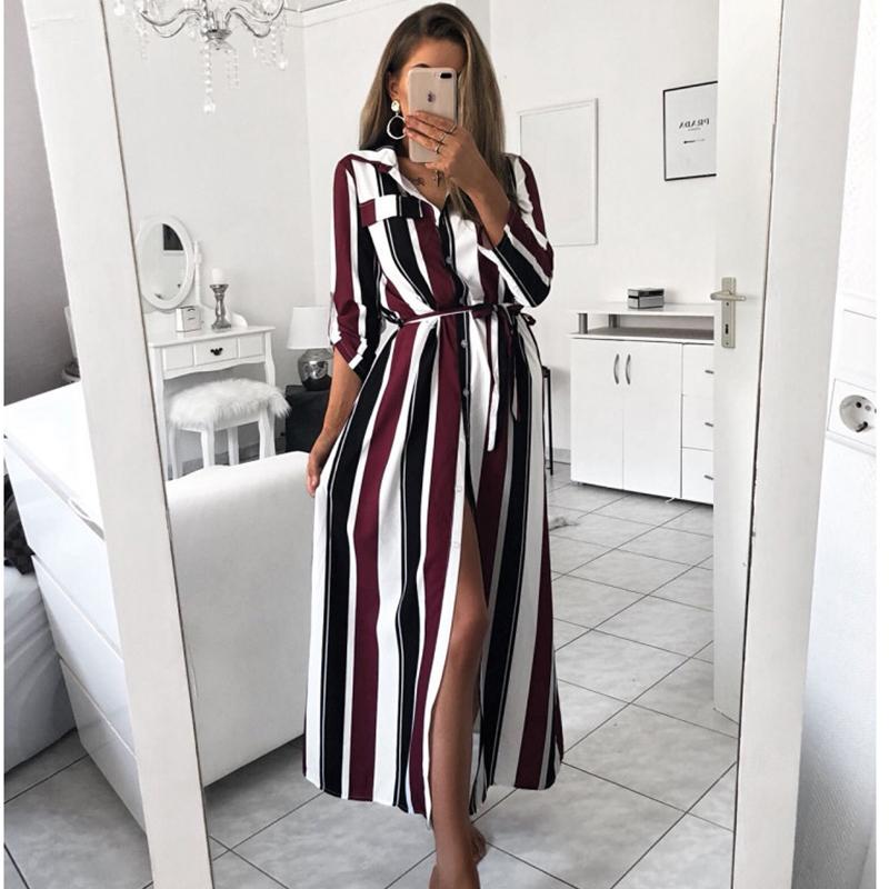 

2020 Office Lady Turn-Down Collar Button Lace Up Long Shirt Dress Women Autumn Spring Long Sleeve Stripe Maxi Dresses, Black