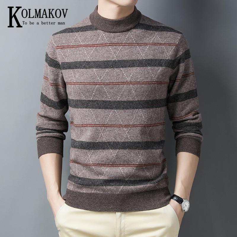 

KOLMAKOV Men' New Winter Semi - Turtleneck Sweater Pullover Warm Thickened Pure Wool Sweater Color Matching Upset Male, Camel