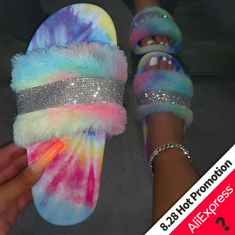 

Women Fur Slippers Ladies Crystal Home Flat Fur Slides For Women Fluffy Female Shoes Glitter Indoor Women' Casual Shoes 2020 NEW X1020, White