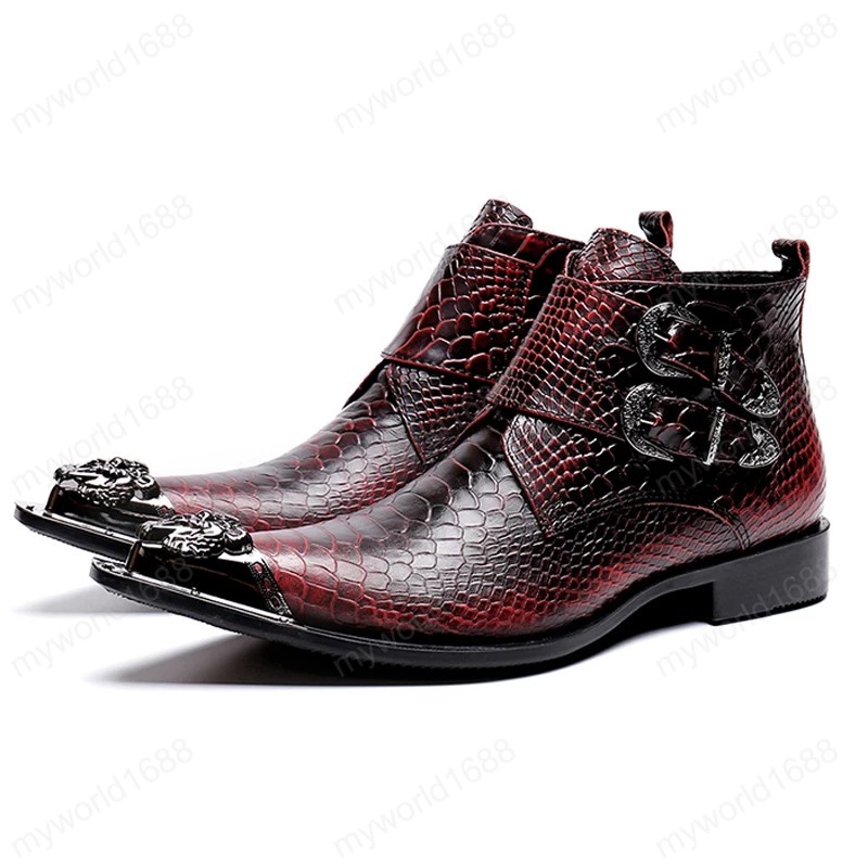 

Vintage Pointed Toe Buckle Straps Man Shoes Genuine Leather Alligator Men's Metal Tipped Motorcycle Ankle Boots, As picture