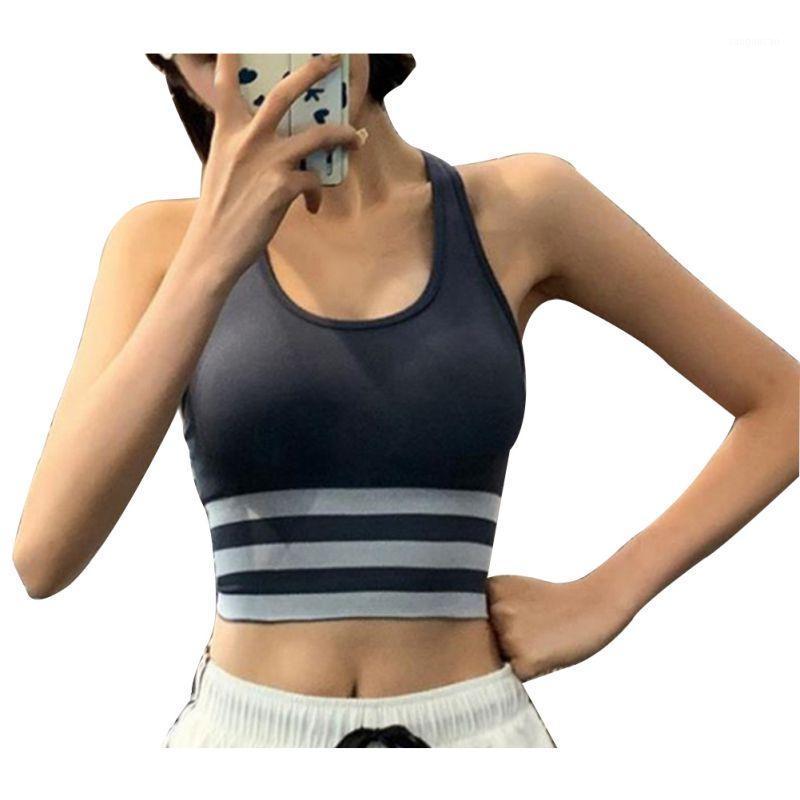 

Women Lady Sports Bra Stripe Shockproof Push Up Underwear Vest Apparel Activewear Workout Clothes Yoga Running Fitness Tops n1, Grey