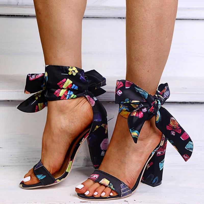 

Women Sandalias High Heels Sexy Gladiator Rome Sandals Summer Ribbon Pumps Lady Shoe Party Dress Print Heels Sandalias1, Black