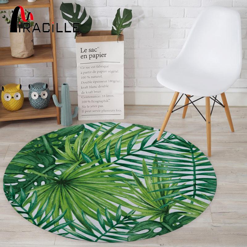 

Miracille Round Carpets for Living Room Green Tropical Printed Parlor Bedroom Chair Rugs Toilet Bath Decorate Non-slip Door Mat