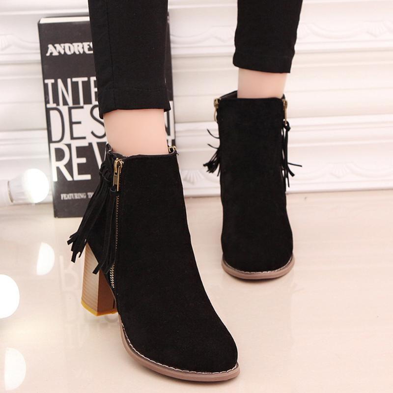 

Pointed Toe Fringe Tassel Mid Heel Short Ankle Boots Women Shoes1, Gray