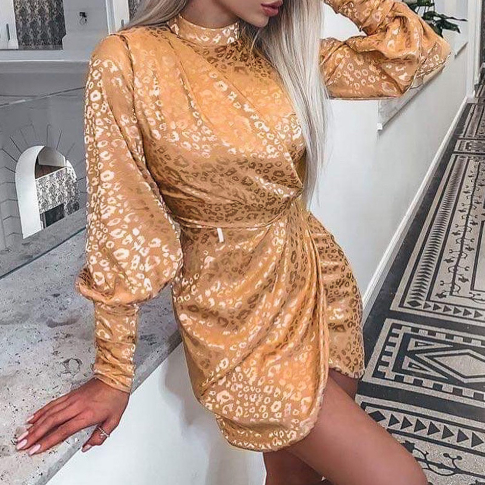 

New to 2021 the Sexy Satin Women Wrap Lantern Printed Sleeve Plied Mini Fashion High Street Nightclub Dress 8fit, Orange.