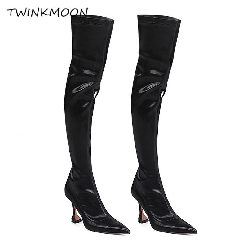 

Sock Thigh High Boots Black Cup Strange High Heels Women's Boots Sexy Slim Fit Shoes Over The Knee zapatos de mujer