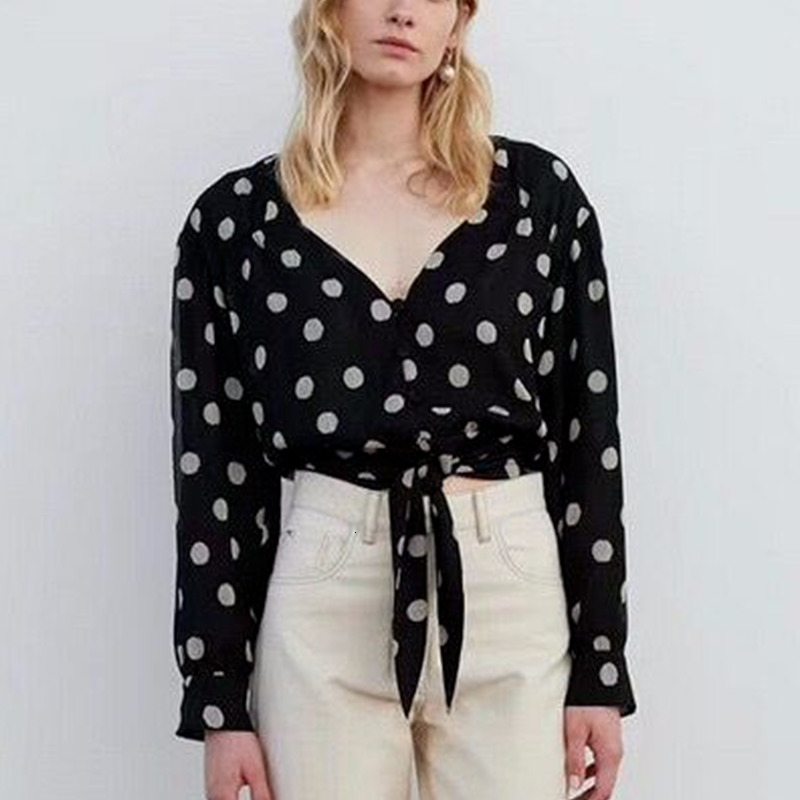 

2021 New High Quality Women Spring Autumn Tops Dot Print Long-sleeved Vintage V-neck Lady Sexy Fashion Outerwear Two Colors Shirts Amv4, Black