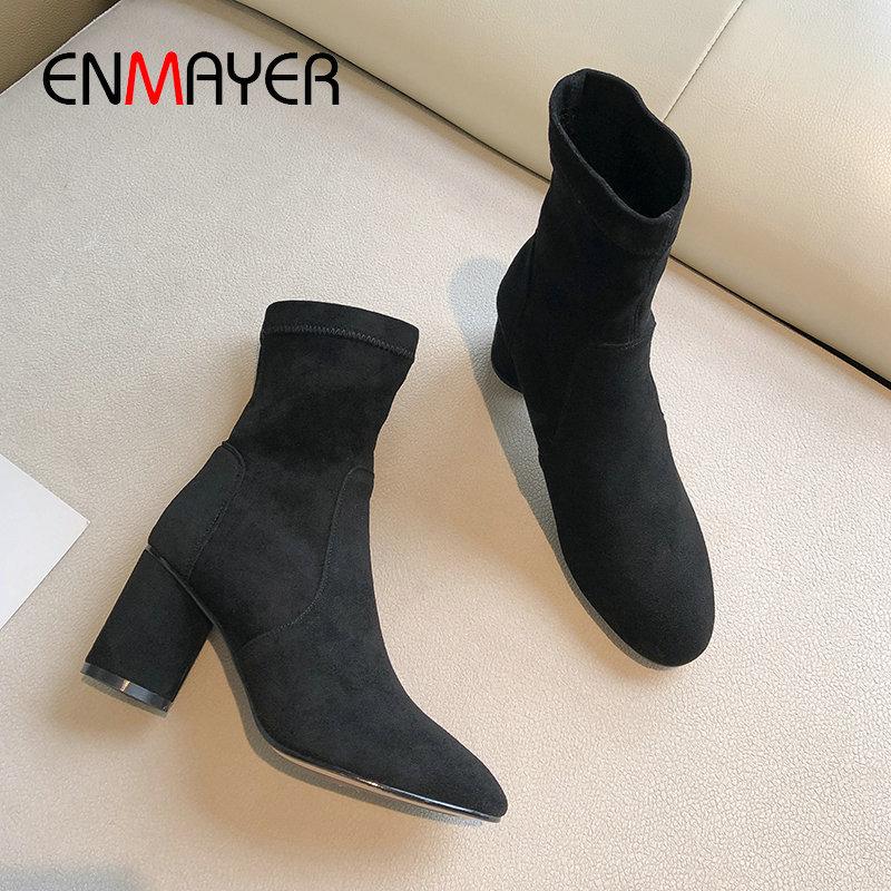 

ENMAYER 2020 Slip-On Square Heel Faux Suede Boots Basic Women Winter Shoes Stretch Fabric High Heel Women Boots 34-35, Beige