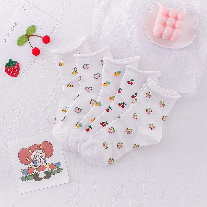 

Cute Edge White Funny Socks Fruit Design Banana Peach Cherry Carrot Strawberry Socks Women Calcetines Divertidos Harajuku Sokken
