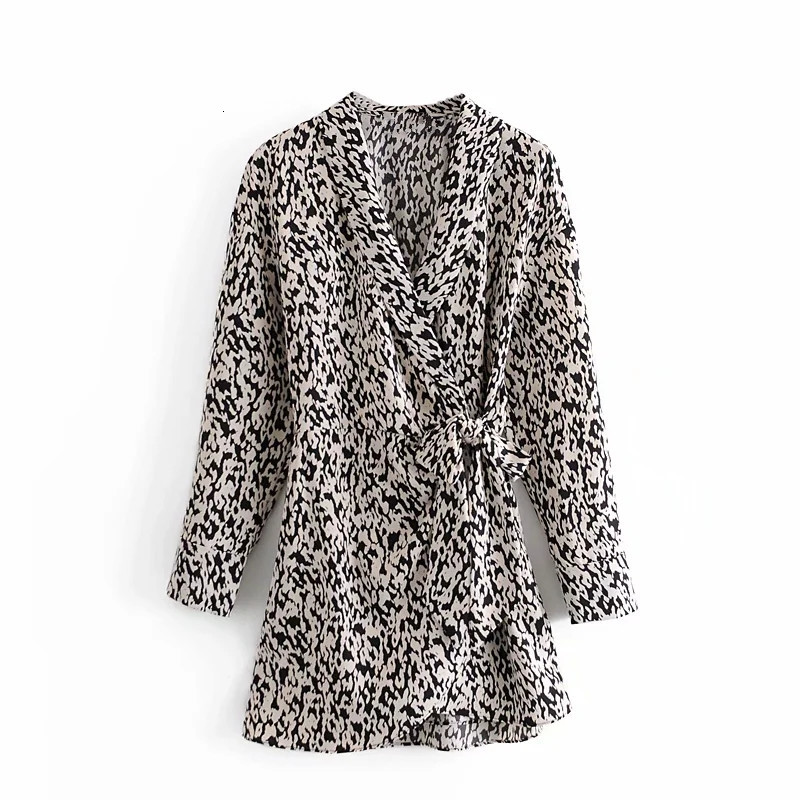 

2021 New Animal Printed Black White Playsuit Women Wrap Tied Long Sleeve Mini Dress Woman Vintage Ladies Dresses Nncf