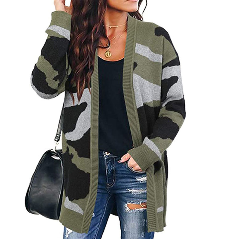 

EBAIHUI Camouflage Ladies Cardigans Long Buttonless Contrast Color V-neck Sweater Ladies' Mid-length Knitted Cardigan, Gray