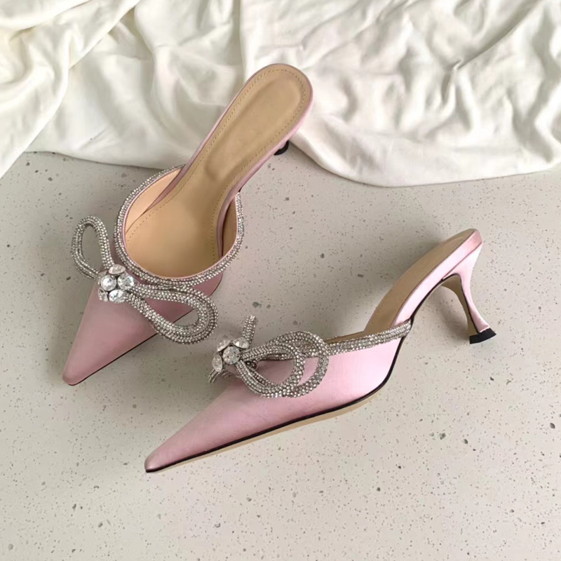 

Top quality Evening Satin Bow shoes 6.5cm Crystal-Embellishments rhinestone shoes spool Heels sandals for women slipper Designer factory shoe, White