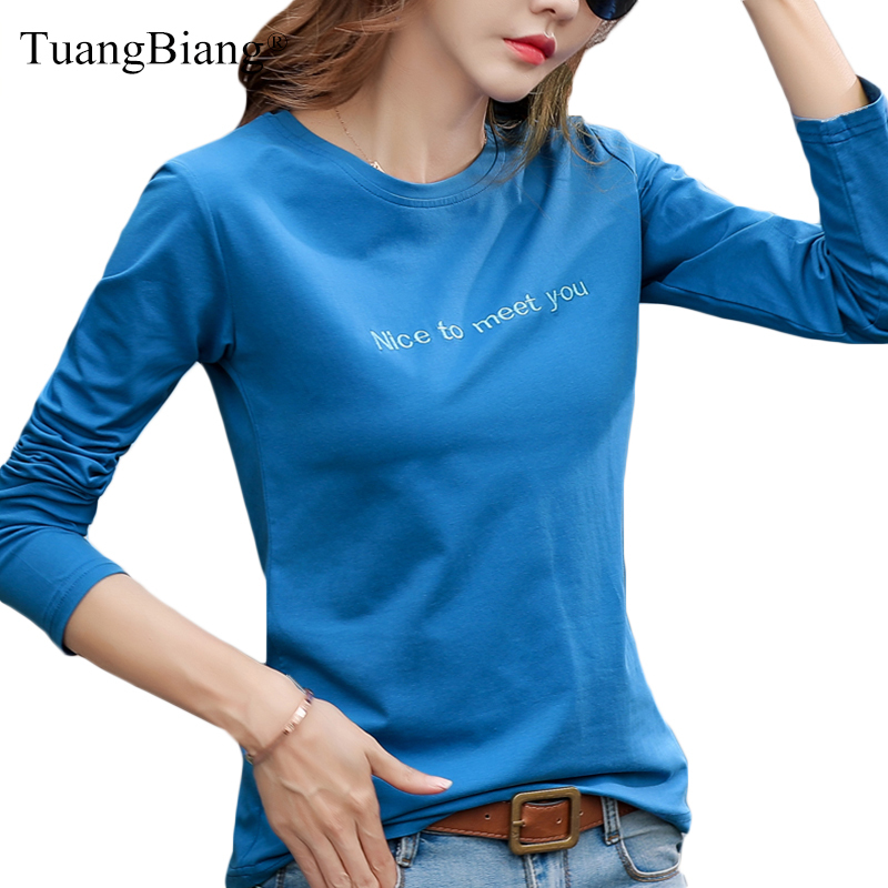 

Letter Embroidery Autumn cotton T-shirts Women Long sleeve casual Red Tee shirts Fashion round neck Blue Yellow simple Tops 201125, Brick red