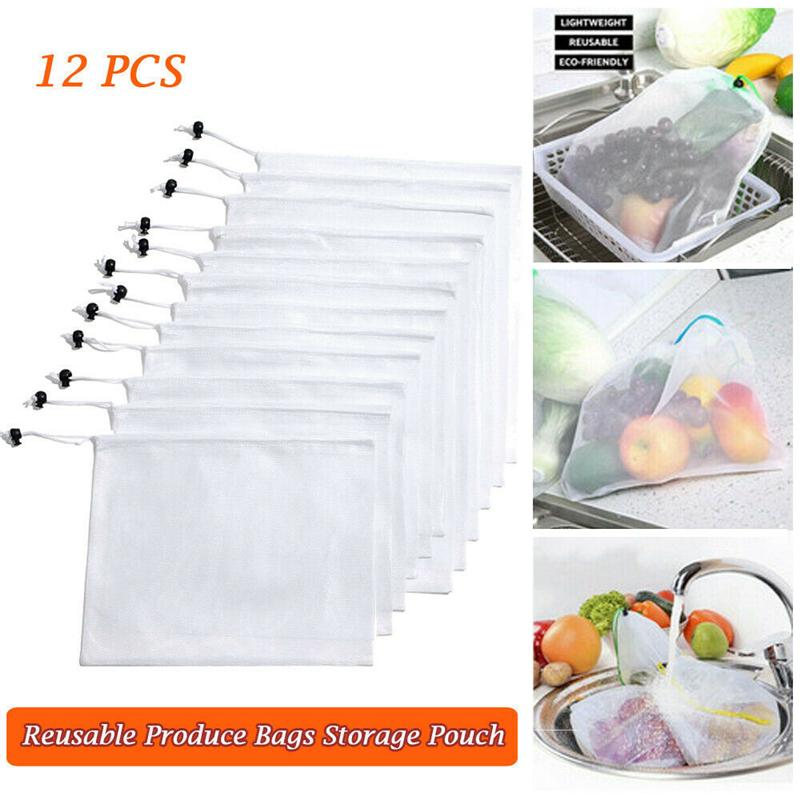 

6/12Pcs Reusable Produce Bags White Rope Mesh Vegetable Fruit Toys Storage Pouch Shopping Friendly Bags Container Pouch Bag Set