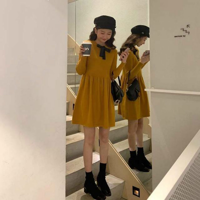 

New spring 2021 and autumn dress bow knitted miniline temperament around the sweet neck loose long female sleeve y243 TRSW, Unkhuangseunk