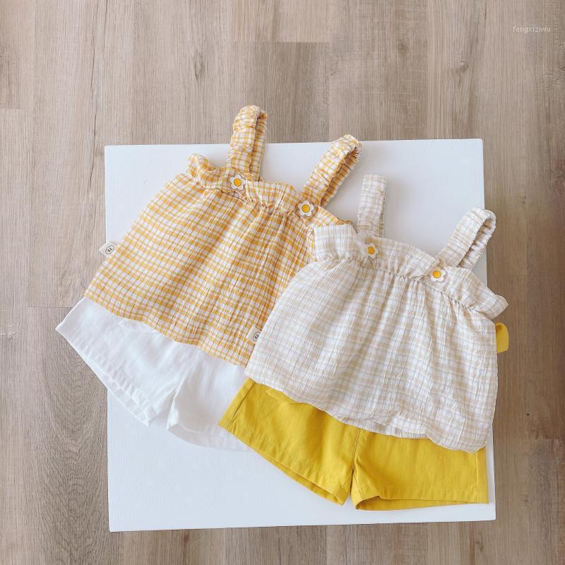 

Kids Baby Girls 2 PCS Outfit Summer Sling Ruffle Loose Flower Buttons Top Short Solid Color Fixed Belt Elastic Band Pants Set1