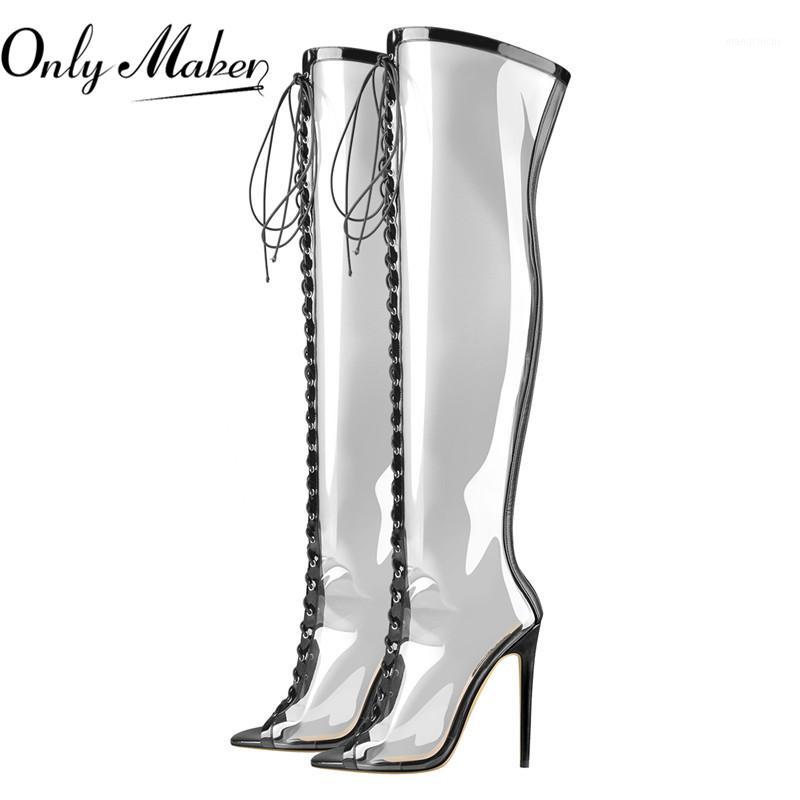 

Onlymaker Women Peep Toe Stiletto 12CM High Heels Transparent PVC Above-The-Knee Lace Up Party Fashion Show Shoes1, S190911a