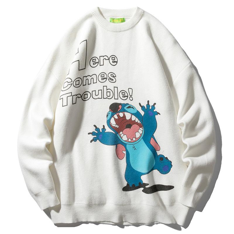 

Men's Sweater 2021 Spring Winter Hong Kong Style Men's Loose Knitted Sweater New Street Hip-Hop Cartoon Round Neck, White
