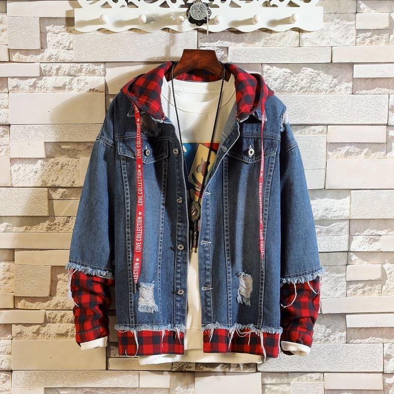 

#3417 2020 Spring Fake Two Piece Patchwork Streetwear Denim Jacket Men Plus Size 3XL Hip Hop Ripped Jeans Jacket Hooded Unisex, Blue