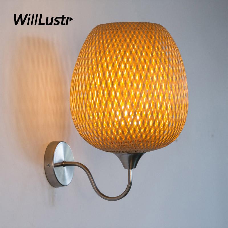 

Pastoral Bamboo Wall Lamp Hand Knitted Sconce Doorway Foyer Porch Loft Hotel Bedside Bedroom Chinese Style Country Wood Lighting