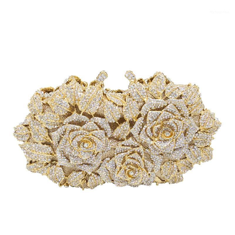 

Dazzling Women Gold Rose Flower Hollow Out Crystal Evening Metal Clutches Small Handbag Purse Wedding Box Clutch Ba1