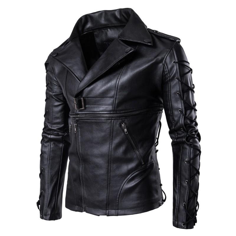 

Personality Punk Lace Up Buckle Pu Leather Jacket Men Harajuku 2020 New Rock Stage Show Clothes Jaqueta Motoqueiro Coat -5XL, Black