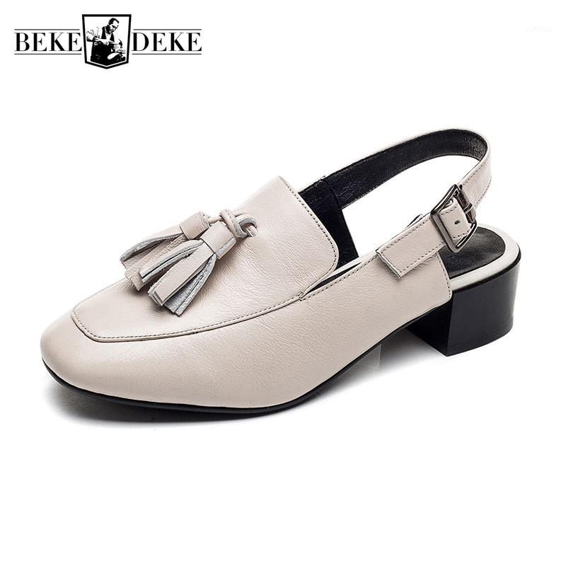 

Elegant Ladies Block Med Heels Back Buckle Straps Summer Sandals Women Genuine Leather Shoes Vintage Tassels Close Toe Sandals1