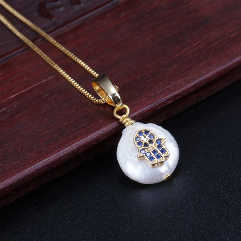

navy blue CZ Fatima's Hand hamsa protection charm freshwater pearl bead dainty gold pendant choker necklaces collier for women