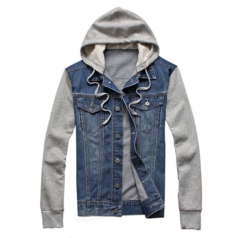 

Denim Men Hooded Sportswear Outdoors Casual Fashion Jeans Jackets Hoodies Cowboy Mens Jacket and Coat Plus Size 201116, Beige