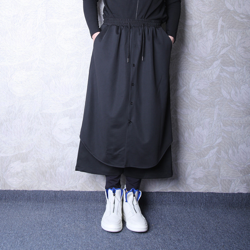 

2021 Popular New Fall of Haren Fashion Personality From Men Down Groin Division Fake Button Two Pants with Wide Legs Skirt. ZTW6, Black