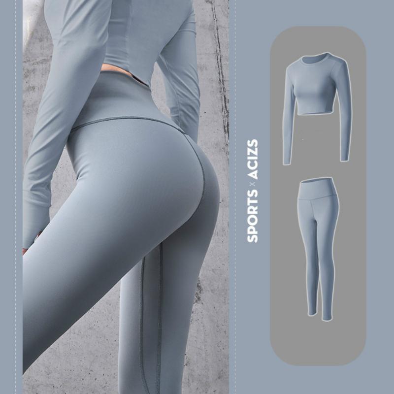 

Naked feeling Yoga Set Seamless Fitness Sports Suits Gym Cloth Yoga Long Sleeve Shirts High Waist Running Leggings Workout Pants, Blue