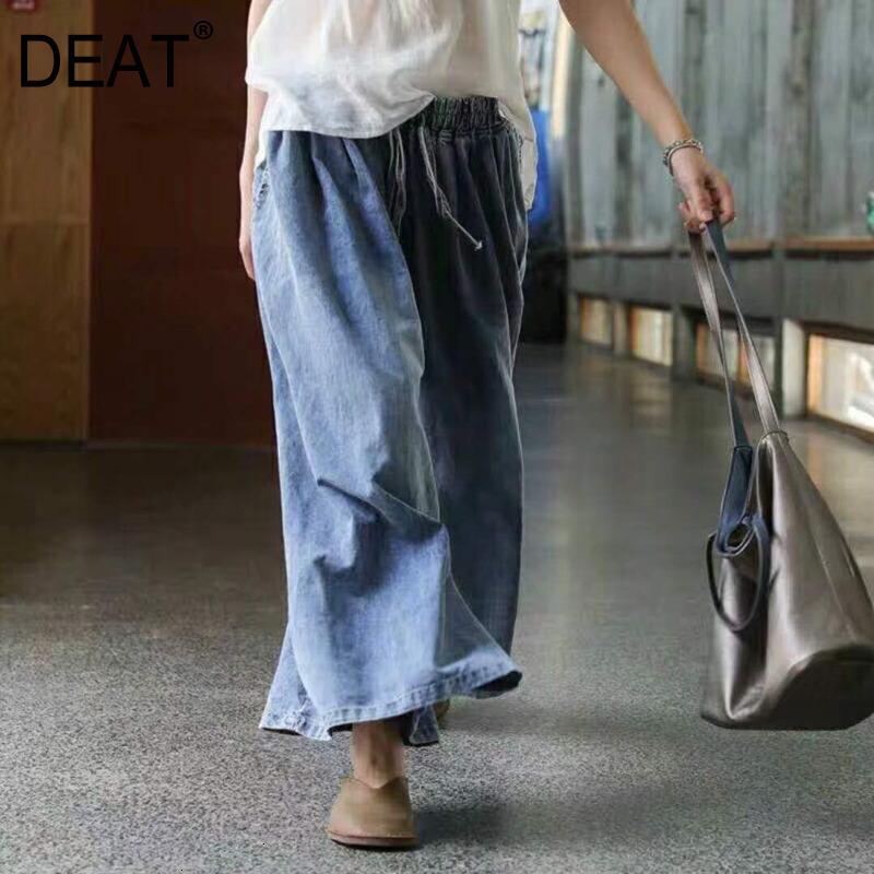

[DEAT] Fast Delivery Autumn Elastic Mid Waist Pleated Female Denim Wide Leg Pants Vintage Style Wild Loose Women AT225 201113, Blue