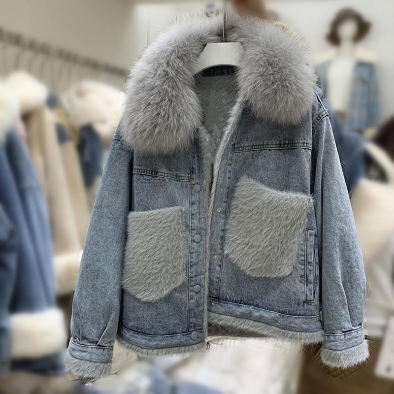 

Oversized Faux Fur Lining Collor Denim Women' Jacket Thick Warm Velvet Winter Coat Female Vintage Loose Pocket Parkas Outwear, Gray