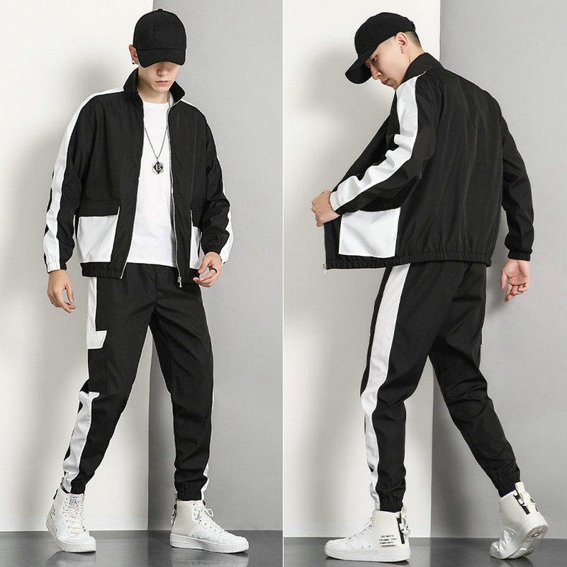 

Streetwear Men Track Suit 2PCS Patchwork Sweatshirt Jacket and Pants Mens Clothing 2020 Zippper Hip Hop Casual Men Tracksuit Set, Black