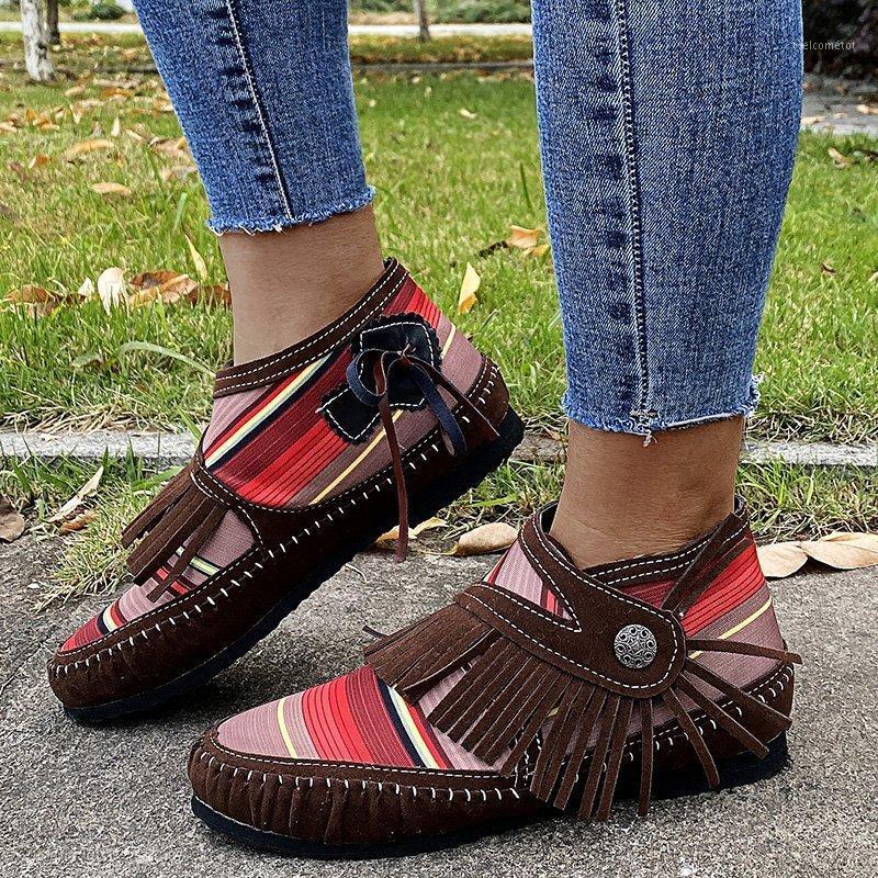 

Women Tassel Stripe Ankle Boots 2021 Women's Sewing Warm Woman Flats Female Shoe Ladies Casual Hook Loops Footwear Plus Size 431, Brown