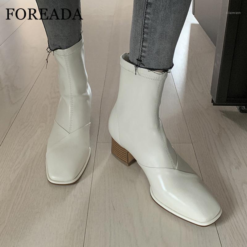 

FOREADA Med Heel Ankle Boots Woman Boots Chunky Heel Short Square Toe Ladies Shoes Autumn Winter White Black Big Size 401, Black pigskin lining