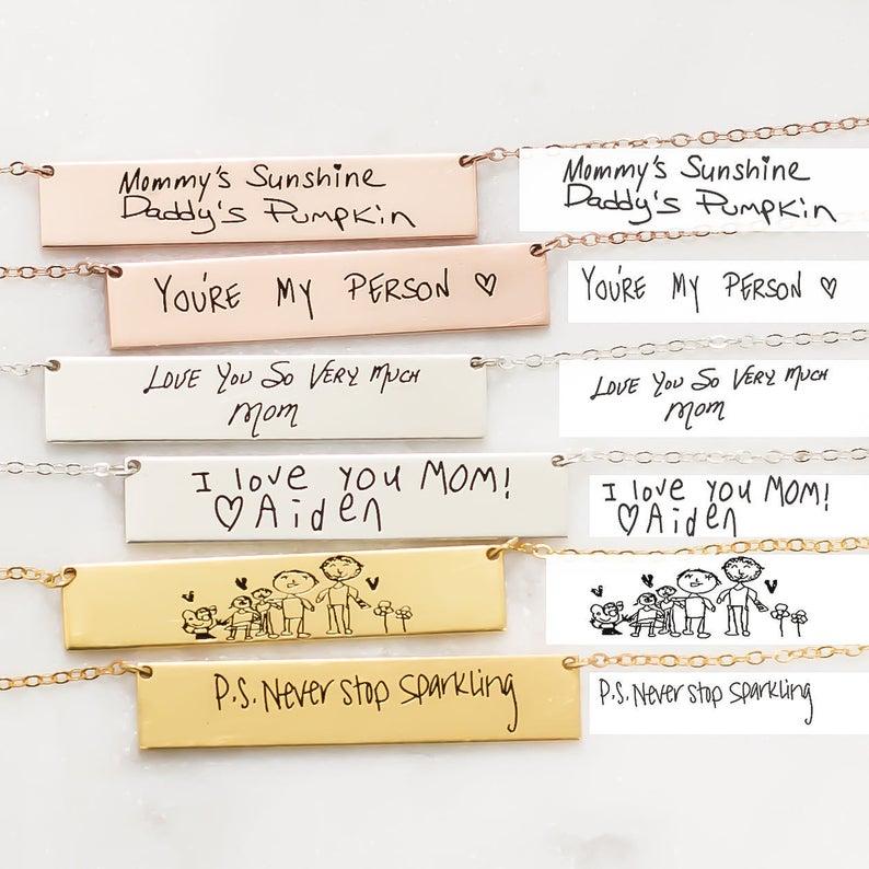 

Handwriting Children Drawing Artwork Necklace Custom Name Signature Necklace Inspirational quotes Message Bar Jewelry